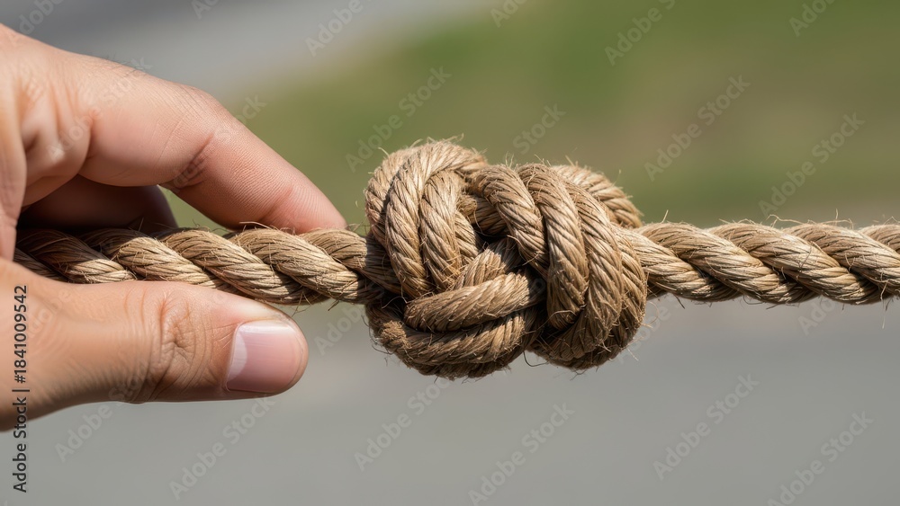 Fototapeta premium A hand holding a rope with a knot in the middle, closeup view of a secure tie