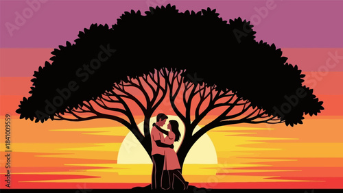 tree silhouette at sunset and romantic couple