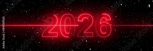 Glowing neon word of 2026 with goals icon on black background. 2026 concept of new year beginning, happy celebration, festival, new life, growth of business, investment, innovation. 4k animation.