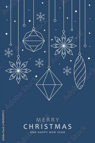 Elegant minimalist blue Christmas poster vector; Hanging decorations ornaments line art; Winter greeting card template