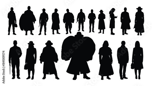 A collection of vintage people in dark clothing a striking silhouette
