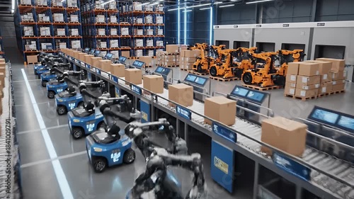 Automated warehouse logistics: Robots and conveyor systems for efficient order fulfillment.