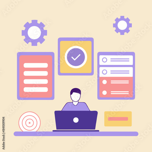 Person Working on Laptop with Checklist and Gears