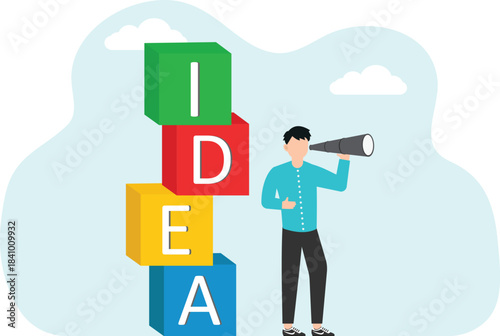 Looking to future to choose right innovations to achieve success, searching for brilliant ideas, creative methods for solving business, man looks through binoculars near cubes with inscription idea.