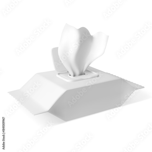 A realistic 3D white wet wipe package with an open lid and a wipe sticking out.