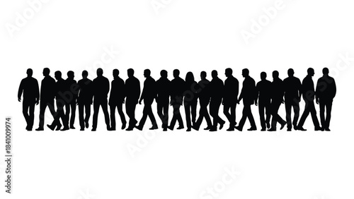 A long line of people walking depicted as a striking black silhouette