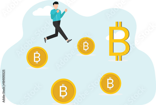 Achieving financial goals in cryptocurrency market, investor in search of stock market to invest cash in digital currency, risky game in foreign exchange market, man runs to the correct bitcoin.
