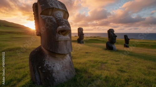 Moai statues standing on Easter Island at sunset
