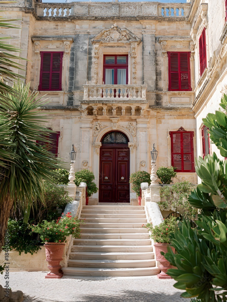 Fototapeta premium Radiant Hacienda Columns and Stairs Framed by Palm Trees – Immersive Villa Palace Visual for Digital Wellness Campaigns