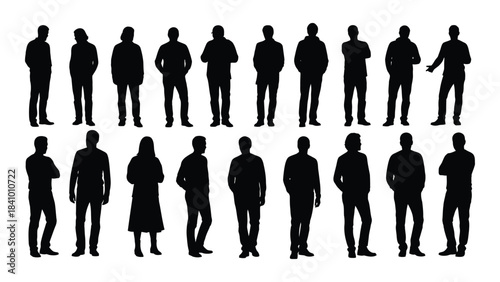 Collection of diverse people standing in a row black silhouette