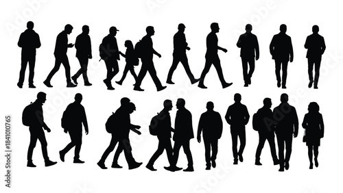 A collection of people walking in various poses a dark silhouette