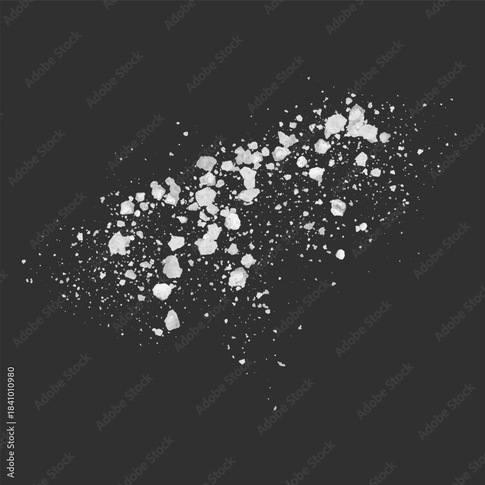 Obraz premium Realistic salt or sugar crystal powder scattered on the surface top view, 3d vector white natural mineral grains splash