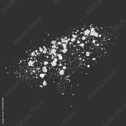Realistic salt or sugar crystal powder scattered on the surface top view, 3d vector white natural mineral grains splash