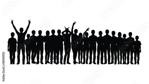 A large crowd of people with arms raised in a celebratory silhouette