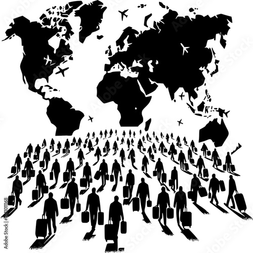 Global Wanderlust: A silhouette of travelers set against the backdrop of a world map, embodying the spirit of travel and the global connections.