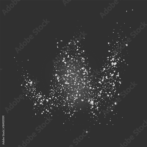 Realistic scattering of white fine powder, flour, sugar, or salt, top view.