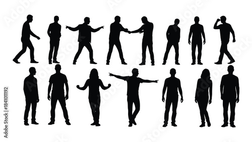 Diverse group of people in various poses a striking black silhouette