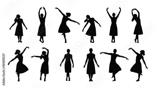 A collection of dancing figures in various poses black and white silhouette