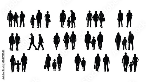 Diverse group of people in black silhouettes walking and standing together silhouette