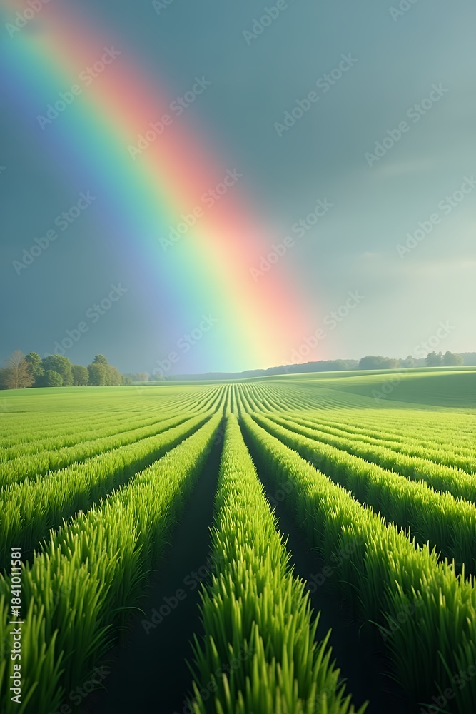 Obraz premium Vibrant Rainbow Arches Over Lush Green Agricultural Field After Rain.
