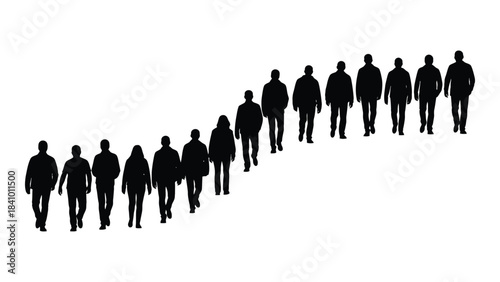 A line of people walking depicted as a striking black silhouette