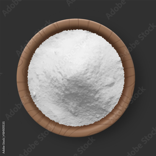 Realistic regular salt pile in the bowl top view on grey, 3d vector white natural mineral grains, cooking ingredient