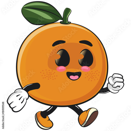 cute orange mascot character walking, happy mandarin fruit cartoon vector illustration, work of hand drawn