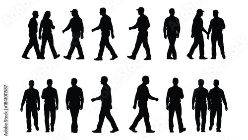 Diverse group of people walking in various poses black silhouette