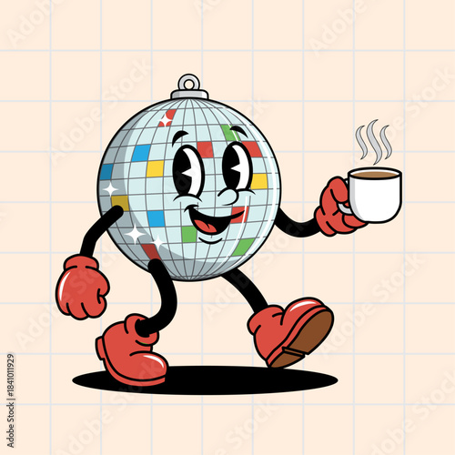 Retro Cartoon Disco Ball Character Walking with Morning Coffee Mug