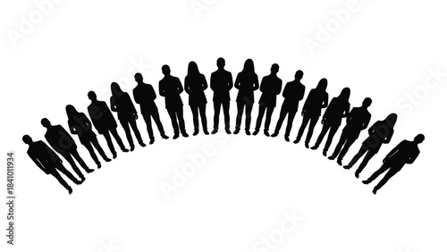A curved line of people standing together a striking silhouette