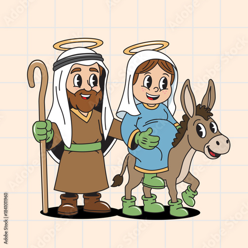 The Holy Family Journey: Cartoon Joseph, Pregnant Mary on a Donkey, Nativity Scene Vector