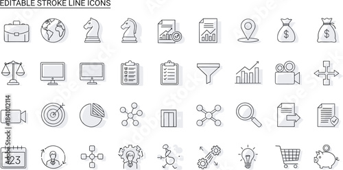 Editable, stroke, line, icon set, business, finance, marketing, strategy, growth, money, management, data analysis, global, commerce, vector, chart, calendar, idea, shopping, success.