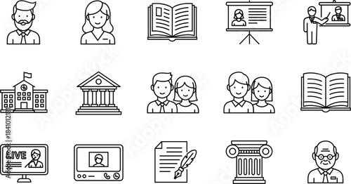 Education and School Line Icons Set, Including Teacher, Student, University, Book, Presentation, and Academic Learning Concepts Vector.