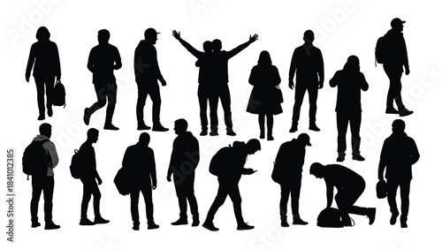 Diverse group of people in various poses a striking black silhouette