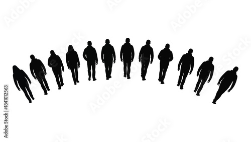A curved line of walking people in black and white silhouette