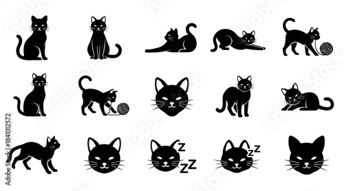 Set of Fifteen Black Cat Silhouette Icons and Faces - Various Poses Including Sleeping, Playing with Yarn, Sitting, and Walking for Halloween and Pet Design