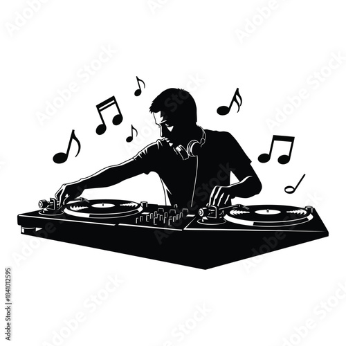 Dj Mixing Music On Turntables With Musical Notes Illustration
