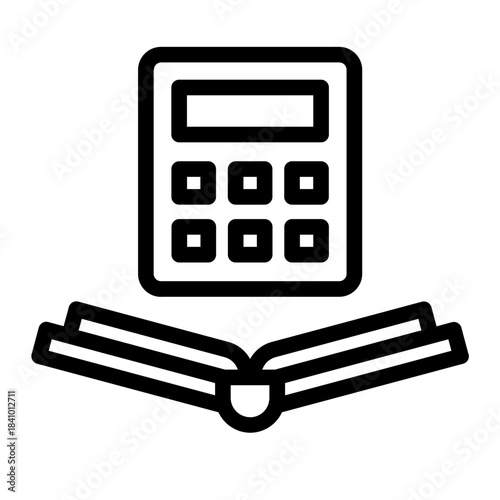 Line style icon of a calculator above an open book, representing mathematics education.