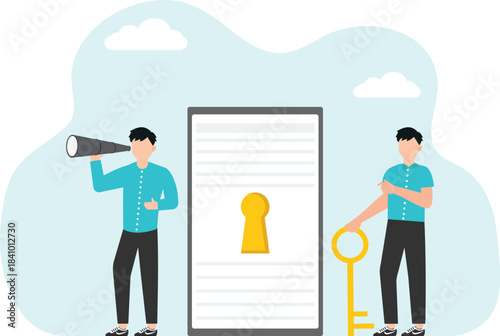 Teamwork to achieving business goals, motivation and determination for great success, creative strategies to achieve excellence in work and career growth, men with keys near dart board with keyhole.
