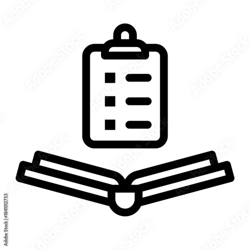 Line style icon of a clipboard above an open book, representing tasks, exams, and assignments.