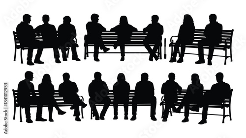 People sitting on benches in a park a striking black silhouette