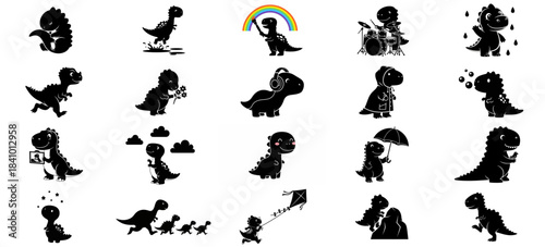 little dino lives capturing whimsical moments in stylish black silhouettes, isolated on transparent background