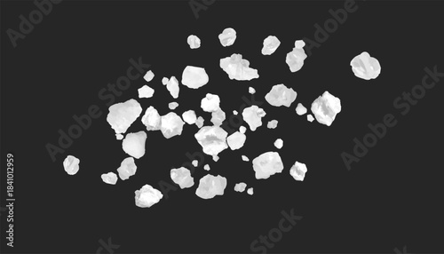 Realistic salt or sugar crystal powder scattered on the surface, 3d vector white natural mineral grains coarse grinding