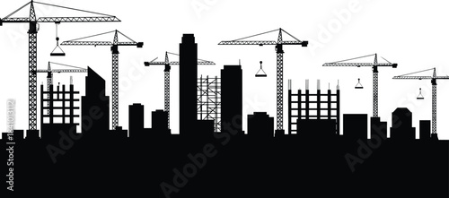 Urban construction silhouette, city skyline under development, cranes lifting materials, modern infrastructure growth, architectural progress, building site activity, black and white vector
