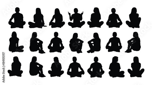 Diverse yoga poses depicted in black minimalist human figures silhouette