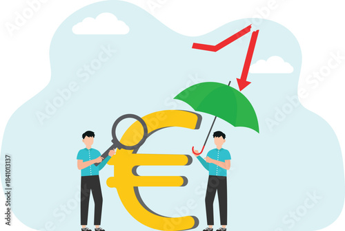  Analyzing causes of financial difficulties, finding survival strategy during economic crisis or market crash, team brainstorm to solve problems of declining business value, men near broken euro sign
