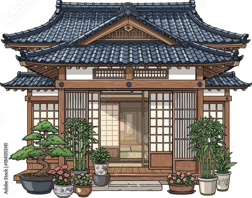 Highly Detailed Vector Illustration of a Traditional Japanese House with a Tiled Roof, Shoji Sliding Doors, Bamboo, Bonsai Tree, and Potted Plants.