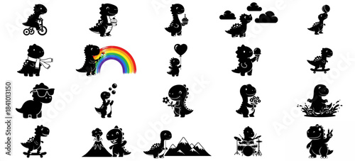 prehistoric playmates minimalist silhouettes showcasing dinosaurs delightful modern lives, isolated on transparent background