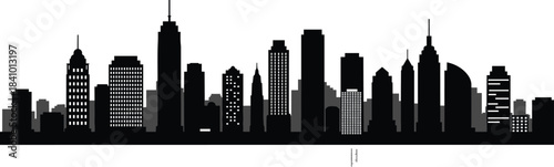 Urban skyline silhouette, black and white cityscape, modern architecture, high-rise buildings, downtown view, metropolitan horizon, vector illustration, graphic design element