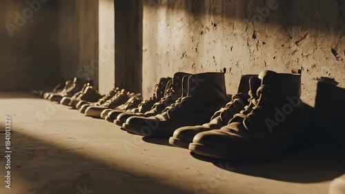 A row of shoes neatly arranged along a wall in a dimly lit space, illuminated by warm sunlight creating shadows and highlighting the textures of the footwear and wall surface